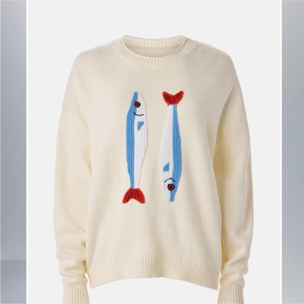 STAUD Giada Cream Sweater with Fish Design XL - Picture 3 of 3